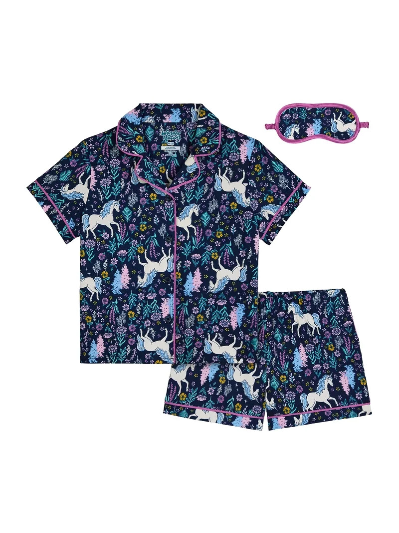 Wonder Nation Girls Short Sleeve Button Front Pajama Top and Shorts Set with Eyemask, 3-Piece, Si... | Walmart (US)