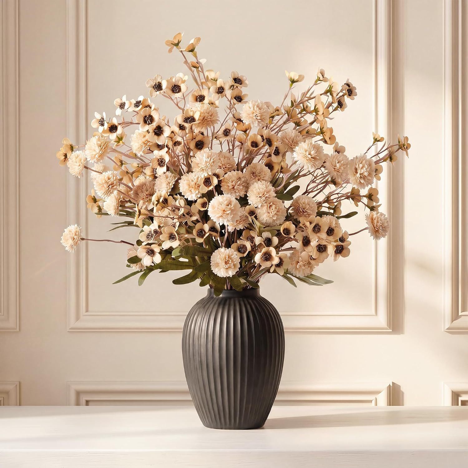 20 Stems Beige Fake Mums & Kiku Artificial Flowers for Vase Decor | Amazon (US)