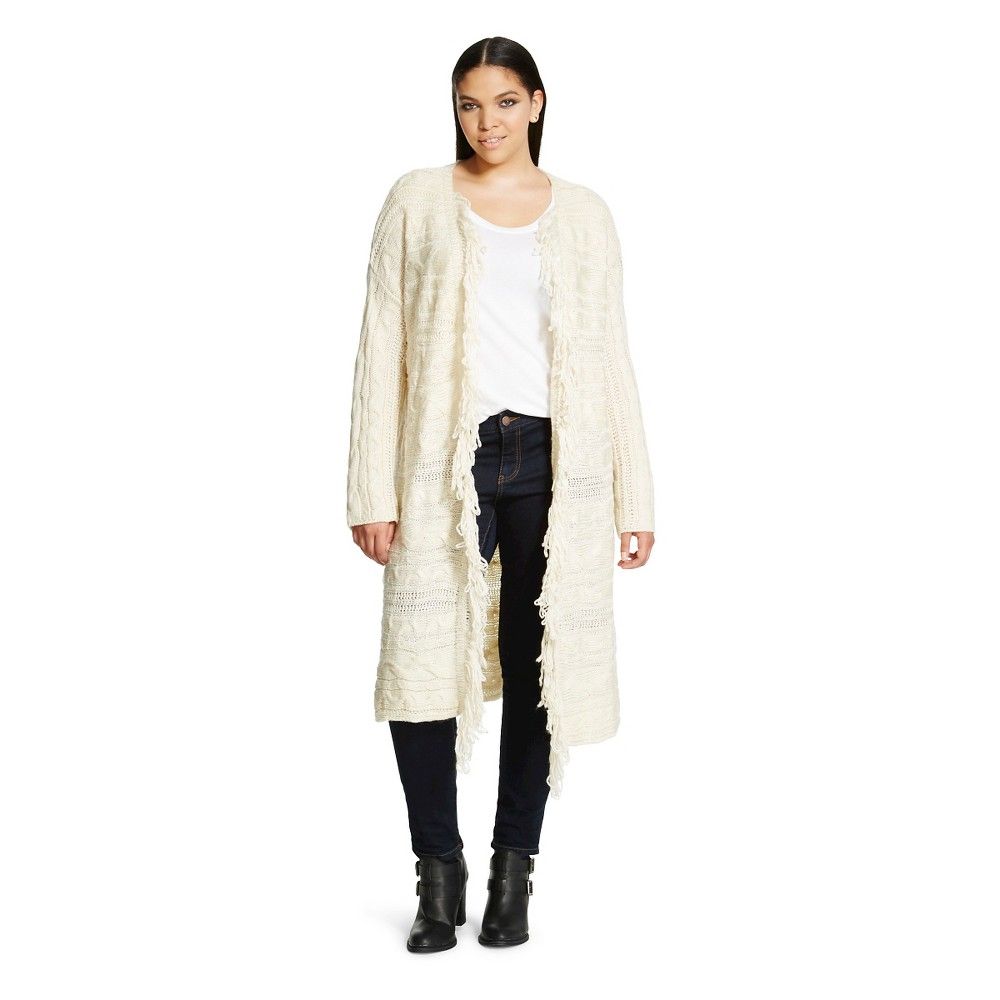Women's Plus Size Long Cardigan Sweater w Fringe Ivory - Cliché | Target