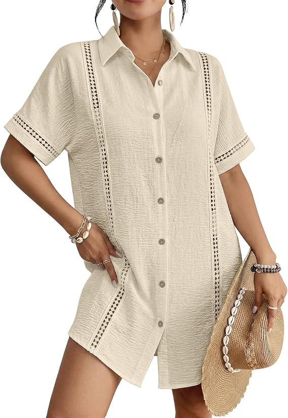 Bsubseach Women Swimsuit Coverup Short Sleeve Eyelet Trim Bathing Suit Cover Up Button Beach Shir... | Amazon (US)