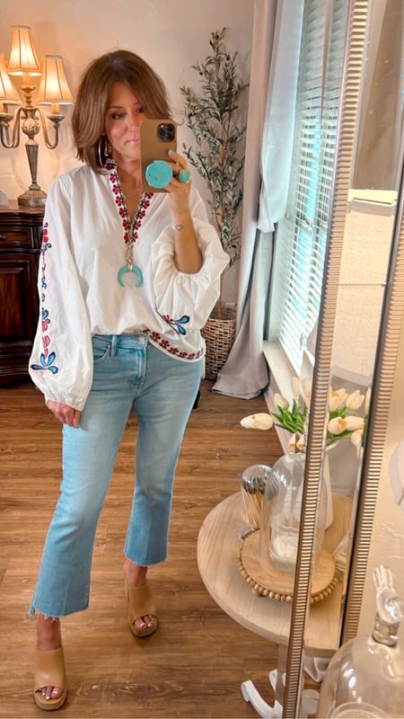 Mother Jeans, fits tts.  Old Farm Rio shirt and old Kendra Scott necklace.  

#LTKover40 #LTKshoecrush #LTKstyletip