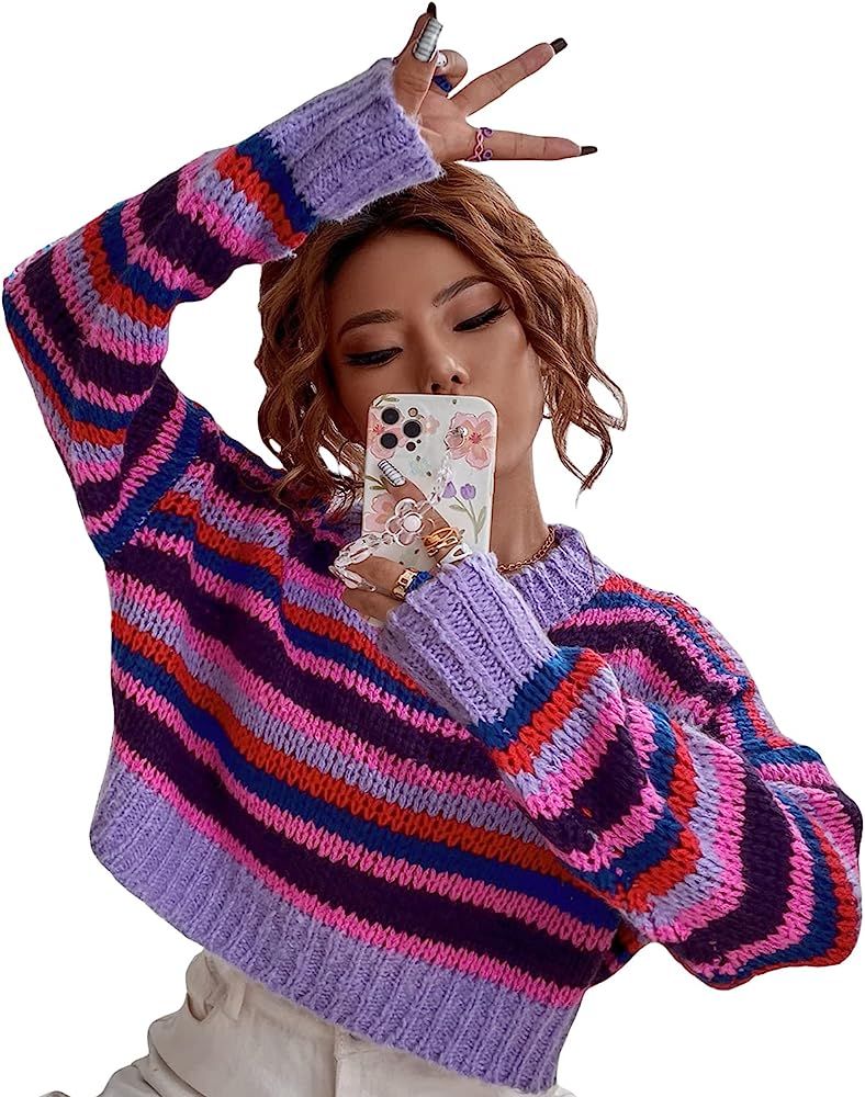 MakeMeChic Women's Y2K Long Sleeve Sweaters Round Neck Striped Pattern Drop Shoulder Sweater Pull... | Amazon (US)
