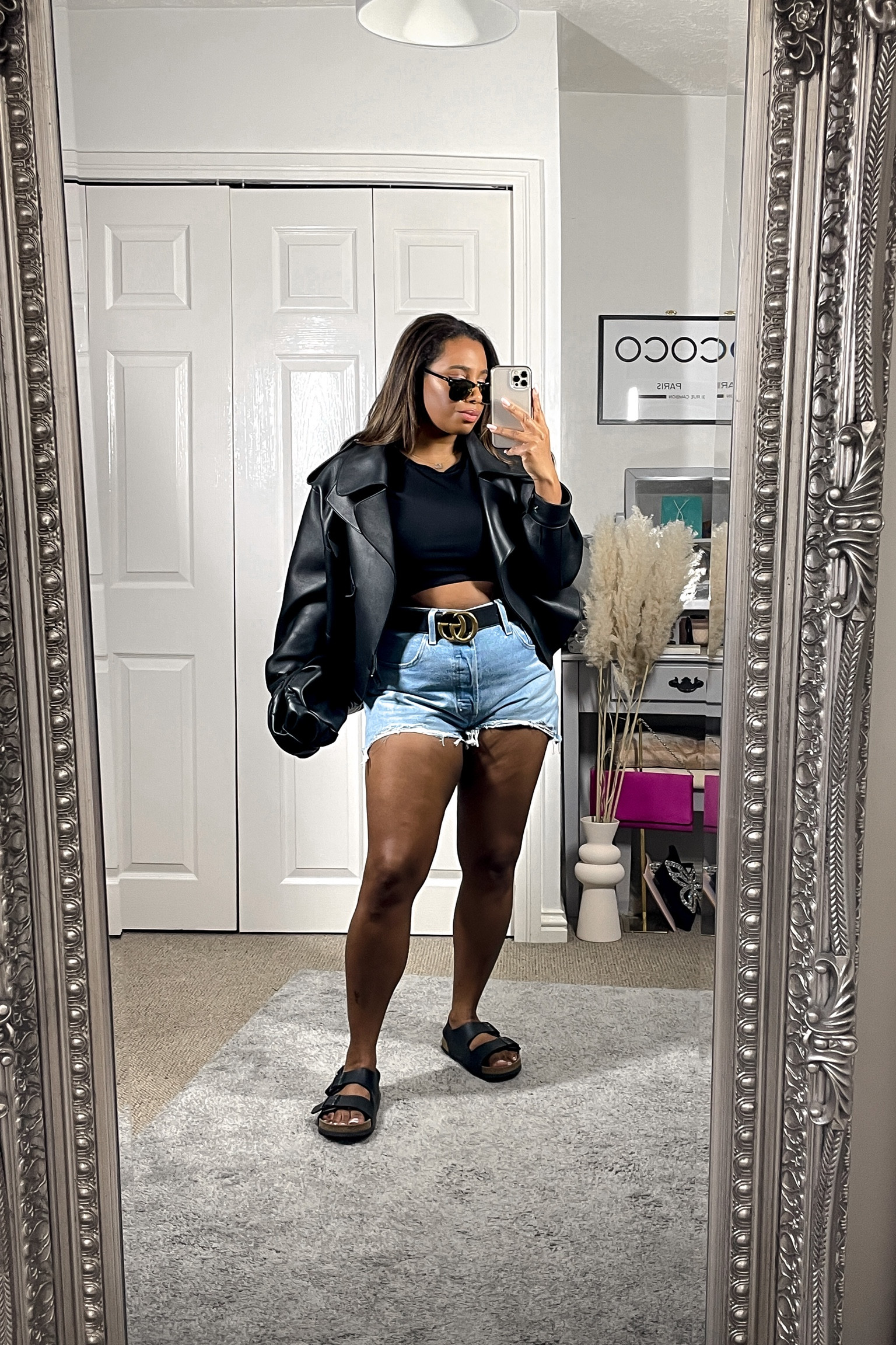Jacket is linked. 
Top is Zara. Alternative linked. 
Belt is linked. 
Shorts are linked. 
Shoes are linked. 
Bag is old ASOS. Alternative linked. 
Sunglasses are linked. 

#LTKshoecrush #LTKunder50 #LTKeurope