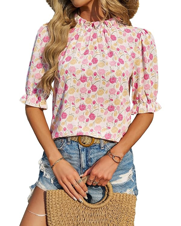 BTFBM Women's Summer Boho Shirt Top Ruffle Short Sleeve Frill Trim Mock Neck Floral Solid 2024 Ca... | Amazon (US)