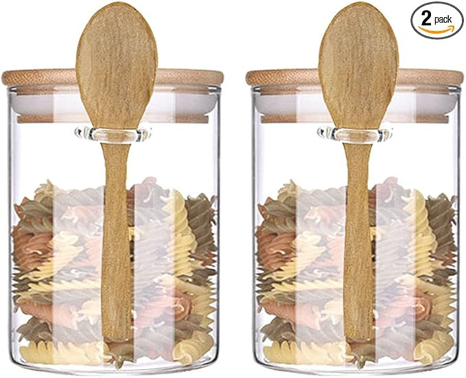 Glass Jar Containers with Bamboo Airtight Lid Wooden Spoon Scoop Food Storage Canister Clear Glas... | Amazon (US)