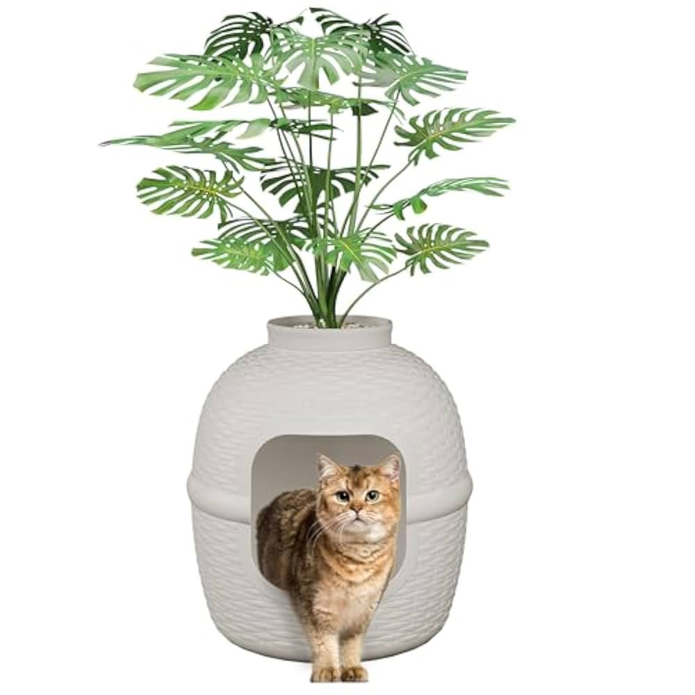 Hidden Litter Box with Faux Plant, Large Cat Litter Box with Rattan Pattern, Heavy Duty PP Materi... | Amazon (US)