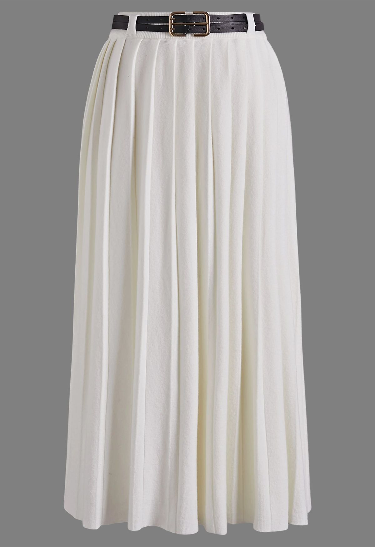 Double-Strap Belt Pleated Knit Midi Skirt in White | Chicwish