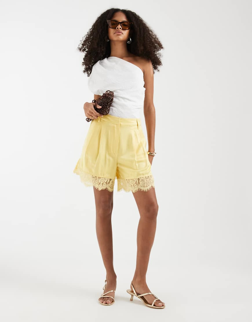 ASOS DESIGN tailored satin shorts with lace trim in lemon yellow-White | ASOS (Global)