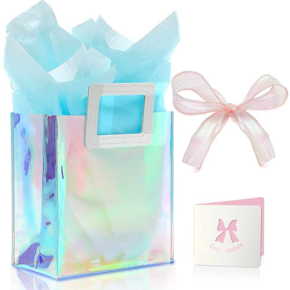 KeerxunBag 1 Pack Holographic Gift Bags with Handles & 2 Tissue Paper Sheets – Iridescent Trans... | Amazon (US)