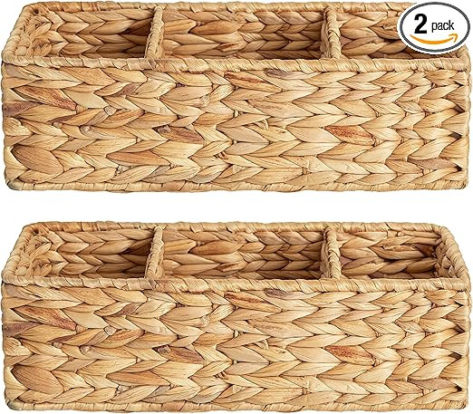 StorageWorks 3-Section Wicker Baskets for Shelves, Hand-Woven Water Hyacinth Storage Baskets, 2-P... | Amazon (US)