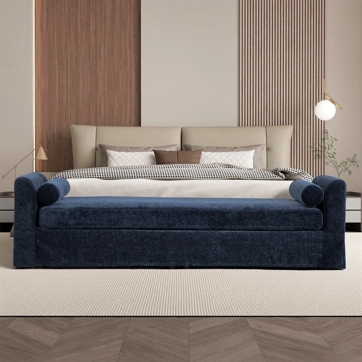 88.6" W Modern Bedroom Bench, Upholstered End Of Bed With  Bench Armrests And  Bolster Pillows | Wayfair North America