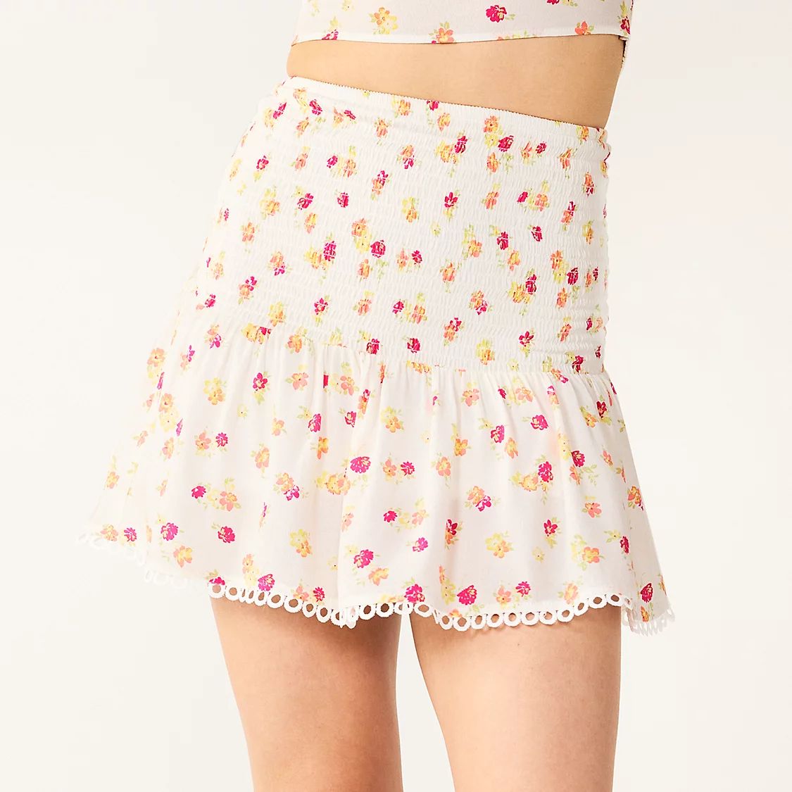 Juniors' SO® Smocked Lace Trim Mini Skirt | Kohl's