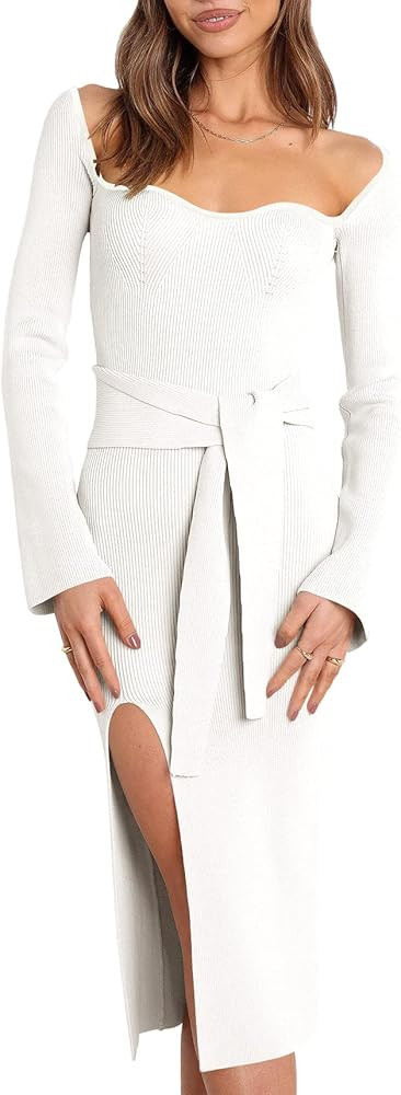 ANRABESS Women 2024 Fall Long Sleeve Bodycon Sweater Dress Sweetheart Neck Slim Fit Tie Waist Cut... | Amazon (US)