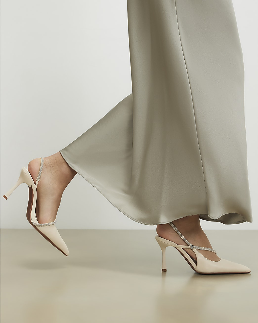 Cream Diamante Slingback Court Heels | River Island UK & IE