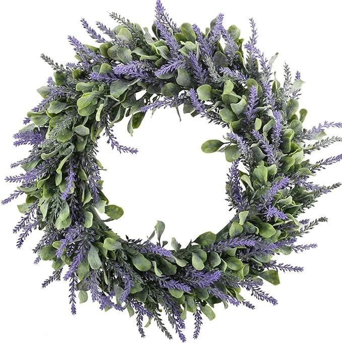 GTIDEA 18" Artificial Lavender Wreath for Front Door Purple Lavender Flowers Wreath with Eucalypt... | Amazon (US)
