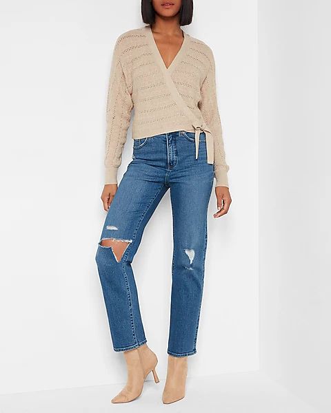 Pointelle Wrap Front Sweater | Express