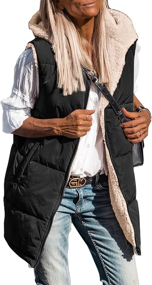 PRETTYGARDEN Womens 2023 Fall Reversible Vests Sleeveless Fleece Jacket Zip Up Hoodie Pockets Long W | Amazon (US)