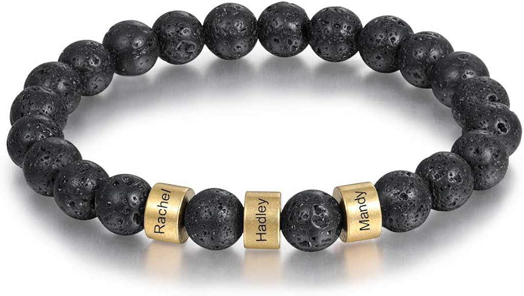 Personalized Beaded Bracelets for Men Lava Beaded Bracelet Tiger Eye Beaded Bracelet with Custom ... | Amazon (US)