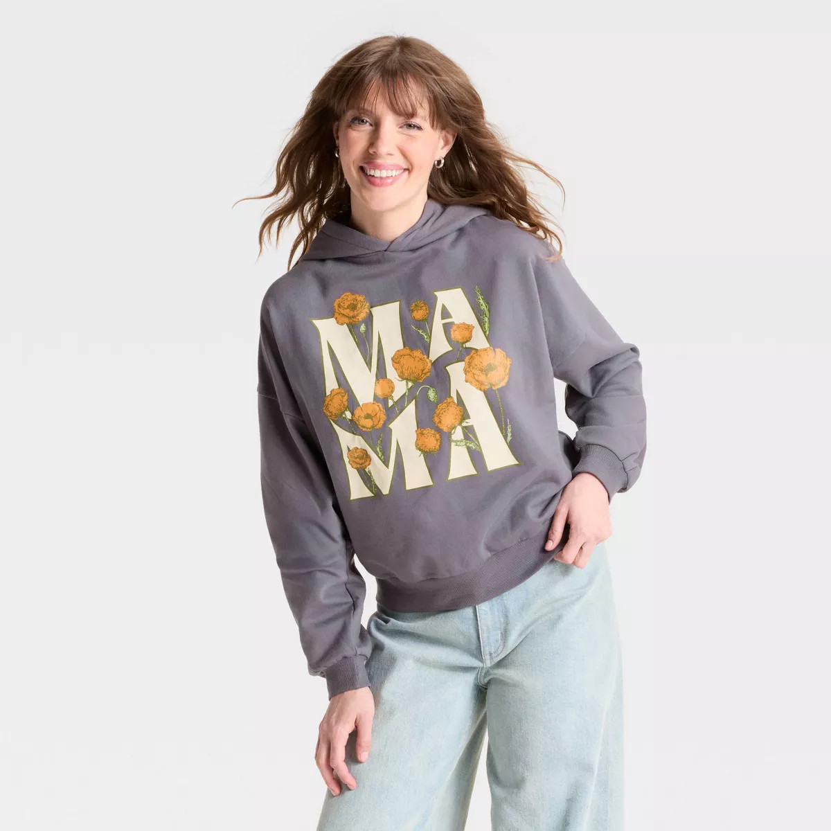 Women's Mama Floral Graphic Hoodie Sweatshirt - Gray | Target