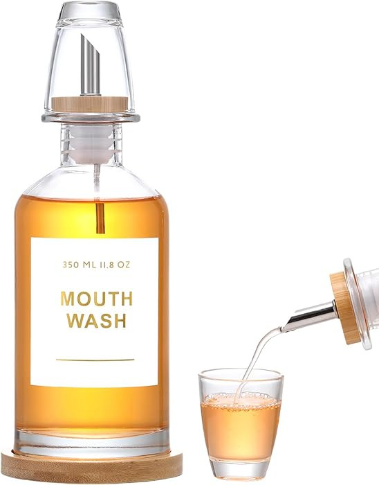 11.8OZ Glass Mouthwash Dispenser for Bathroom with Stainless Steel & Bamboo Nozzle, Mouthwash Cup... | Amazon (US)