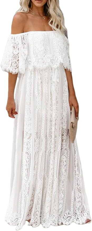 HOYISHION Women's Off Shoulder Lace Maxi Wedding Dress Maternity Photoshoot | Off-shoulder lace b... | Amazon (US)