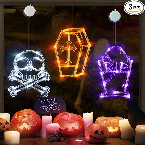 LOLStar Halloween Decorations, 3 Pack Halloween Lights White Skull, Orange Coffin, Purple Tombsto... | Amazon (US)