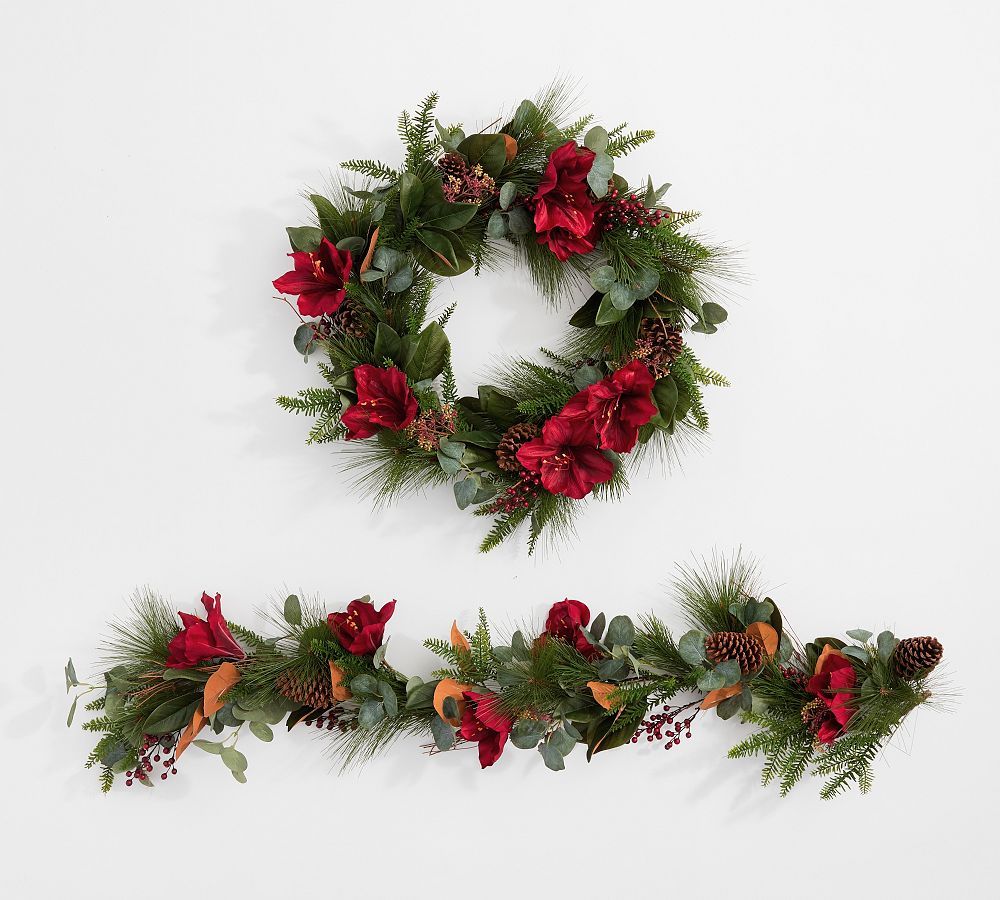Faux Amaryllis & Pinecones Wreath & Garland | Pottery Barn (US)