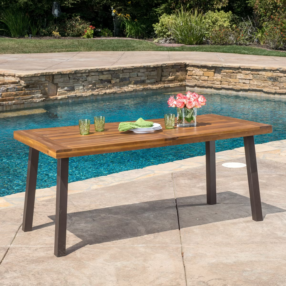 GDFStudio Spanish Bay Outdoor Rectangle Acacia Wood Dining Table with Metal Legs, Teak | Target