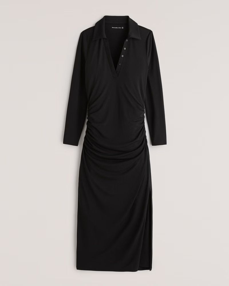Long-Sleeve Polo Midi Dress Black Dress Dresses Spring Dress Sring Outfits Work Wear | Abercrombie & Fitch (US)