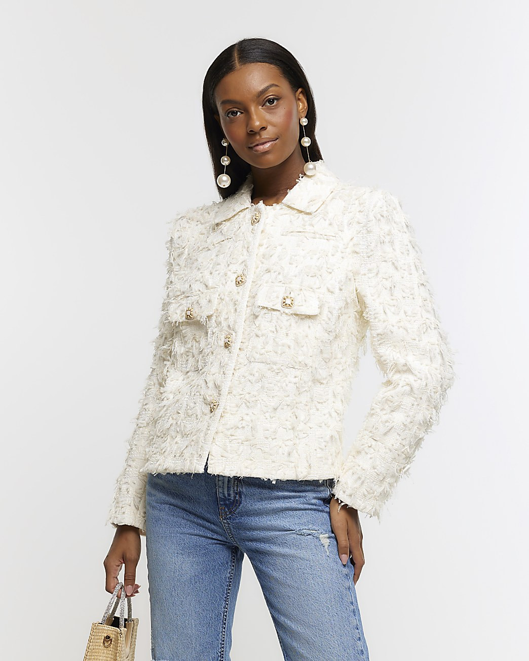 Cream textured crop trophy jacket | River Island (UK & IE)