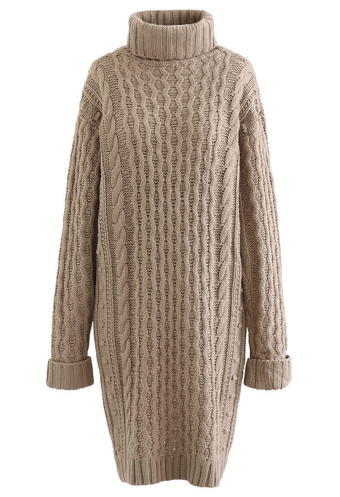Turtleneck Cable Knit Sweater Dress in Tan | Chicwish