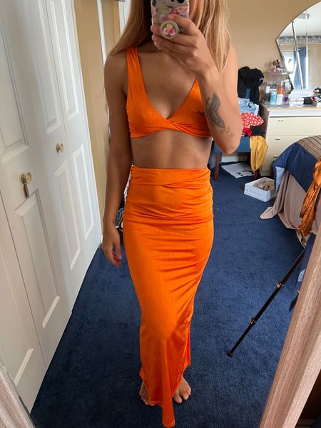 Orange two piece set | crop top set | maxi skirt | revolve | vacation outfit | beach set 

#LTKSeasonal #LTKtravel