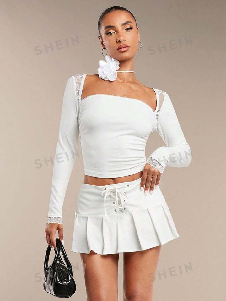 SHEIN BAE Metallic Bow Tie Cross Bandage Mini Skort, With Ruffles, Low Waist, Streetwear, Old Mon... | SHEIN