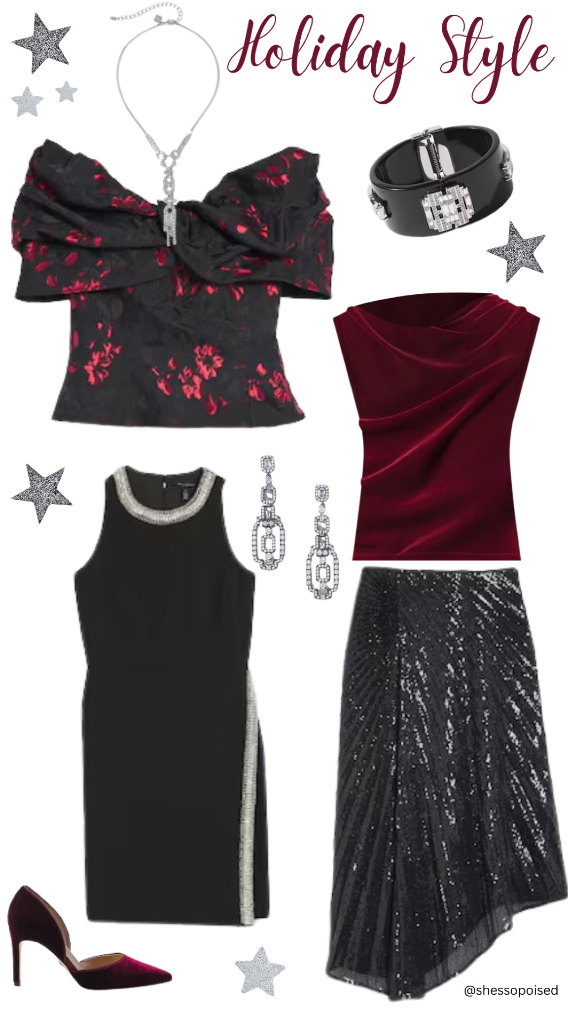 Holiday Outfits - The velvet top has a pretty asymmetric neckline  This sequin skirt is a great to have in your closet. You can wear with a variety styles of tops and dress it up or down with jewelry and shoes. For example wear with heels or add black tights and boots for a more casual feel. I love the art deco inspired jewelry! 

#LTKParties #LTKCyberWeek #LTKHoliday