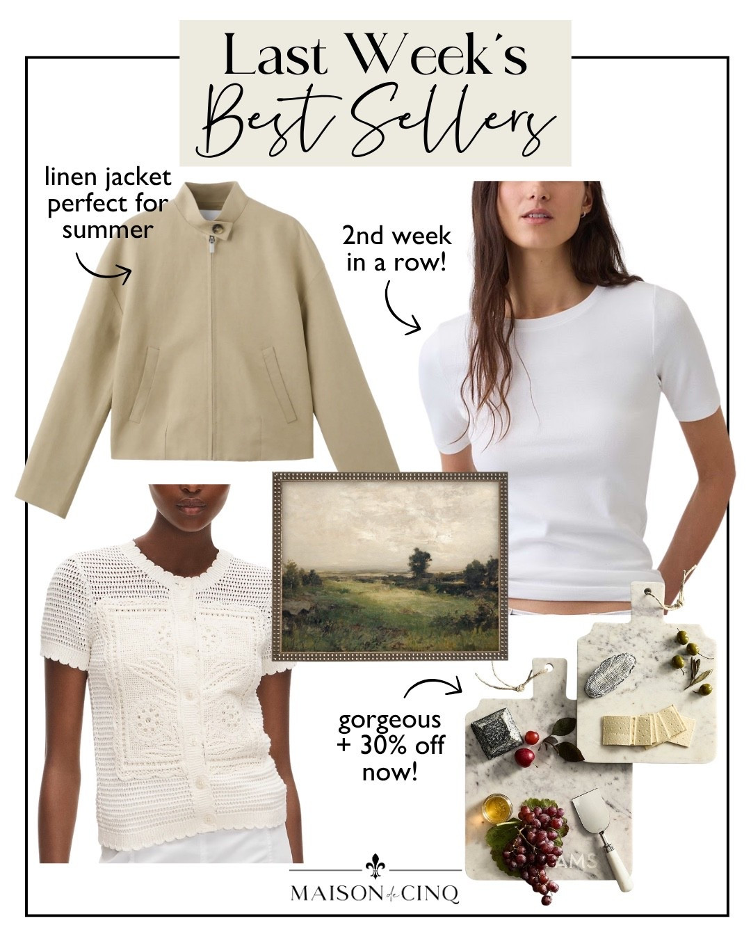 Last week’s best sellers include an elevated tee under $15, a linen jacket perfect for summer, gorgeous marble boards under $30 and more!

Home decor, summer entertaining, summer top, summer fashion, summer outfit, summer jacket, artwork, wall decor

#LTKHome #LTKSaleAlert #LTKSeasonal