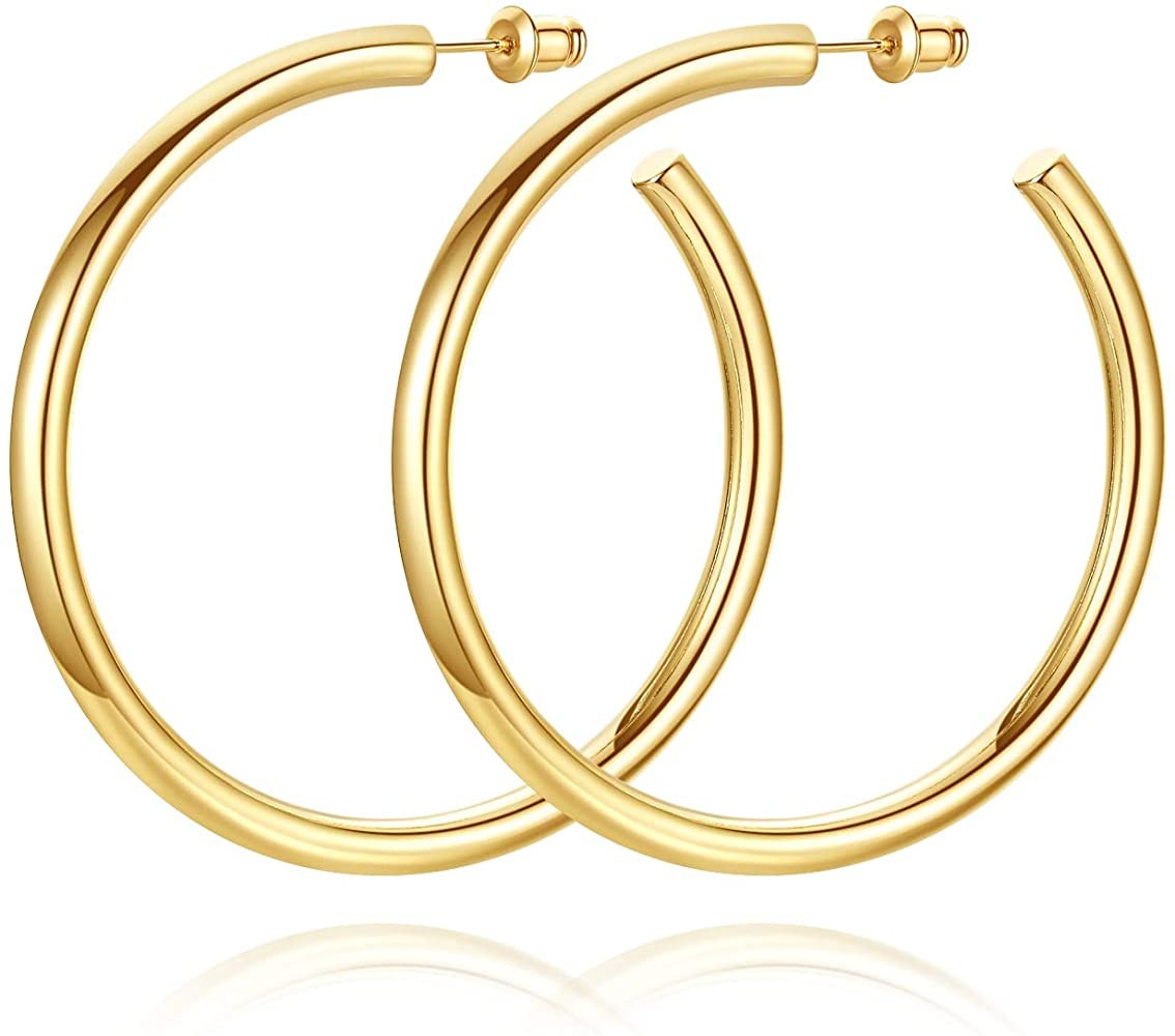 Howoo 14K Gold Plated Chunky Gold Hoops High Polished Gold Hoop Earrings for Women | Amazon (US)