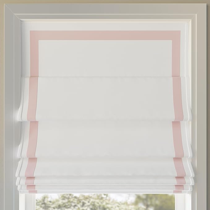 Sun Zero Marline Pink Ribbon Border 100% Total Blackout Cordless Roman Shade, Pink/White, 27" W x... | Amazon (US)