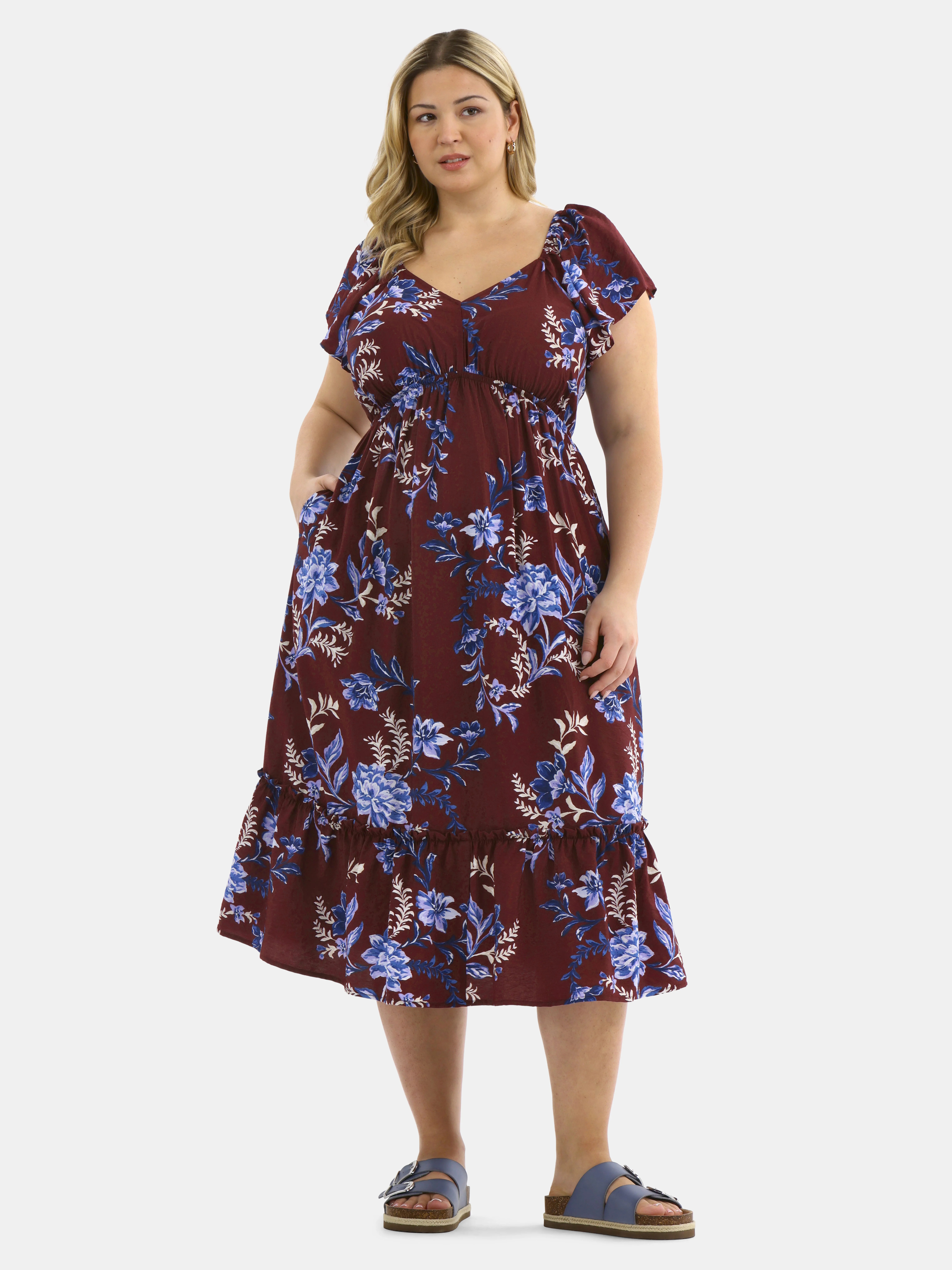 Terra & Sky Women's Plus Flutter Sleeve Midi Tiered Dress, Sizes 0X-5X | Walmart (US)