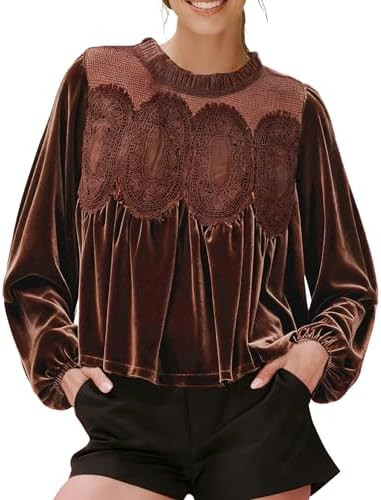 Gozoloma Women's Long Sleeve Velvet Trim Lace Blouse Elegant Flared Swing Top Round Neck Blouse C... | Amazon (US)