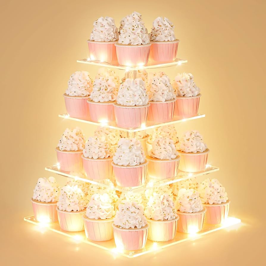 4 Tier Cupcake Stand with LED String Light, Acrylic Display Stand, Square Tower Holder, Cup Cake ... | Amazon (US)
