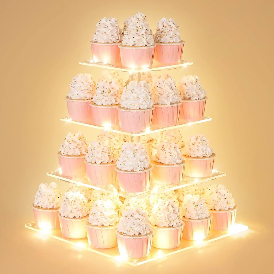 4 Tier Cupcake Stand with LED String Light, Acrylic Display Stand, Square Tower Holder, Cup Cake ... | Amazon (US)
