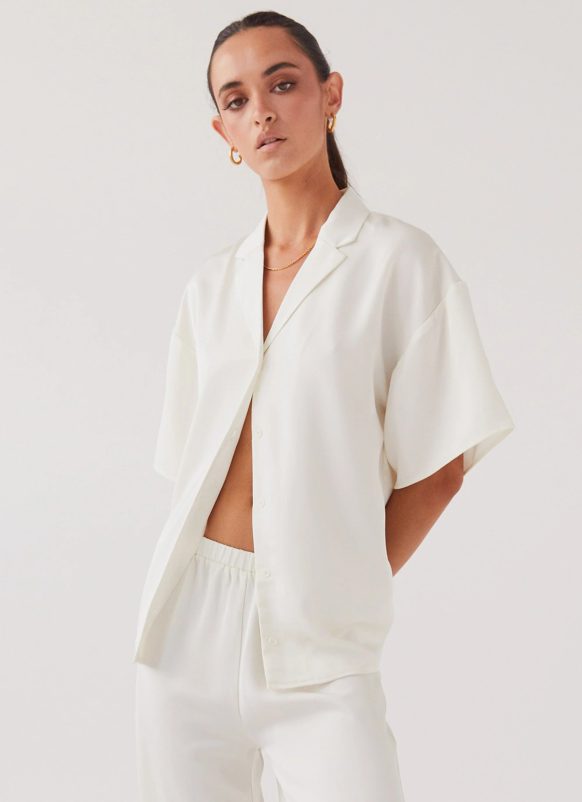 Palm Cove Satin Shirt - Pearl Dove | Peppermayo (Global)