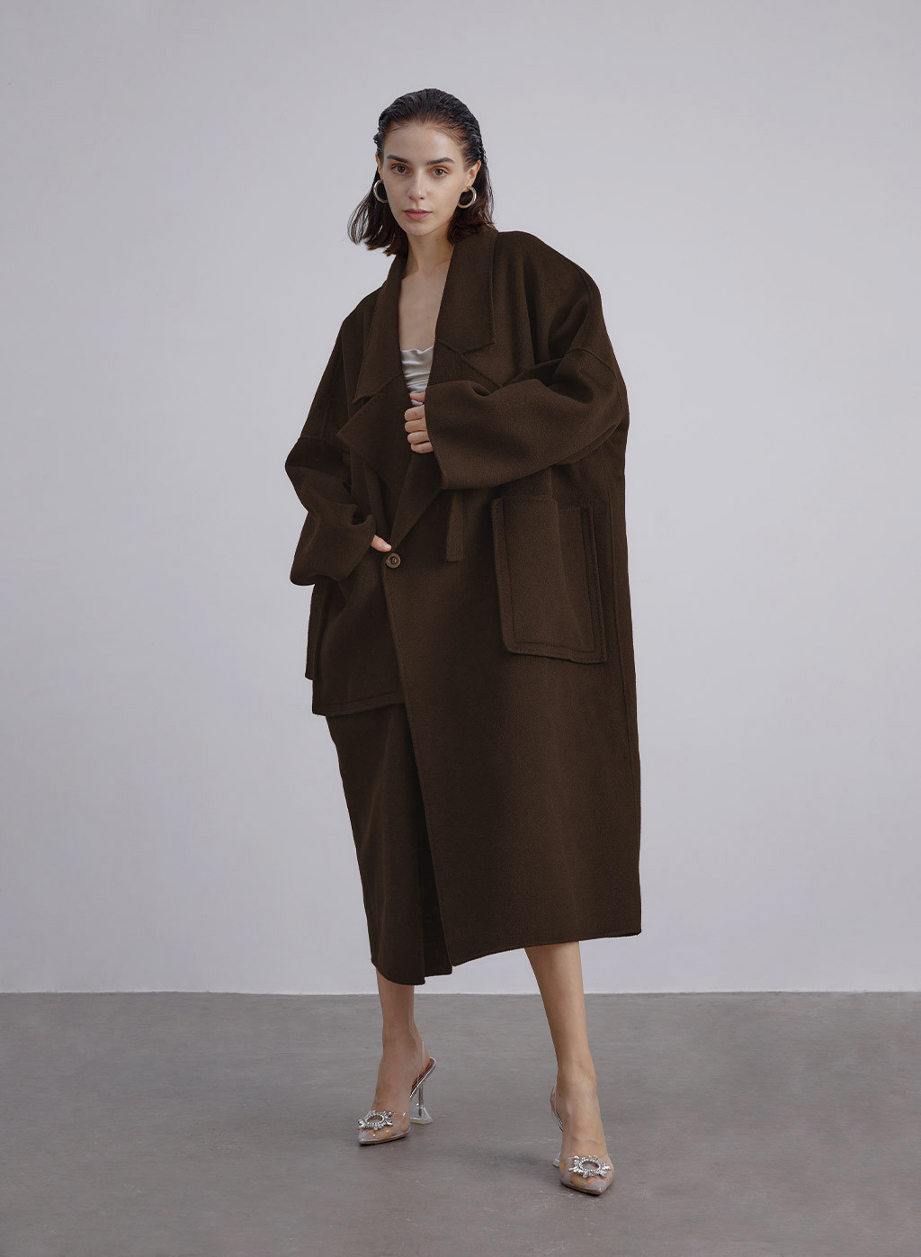 Patch Pockets Oversized Wool Coat | Silk Maison
