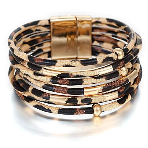 ARVATO Leopard Bracelets for Women Chunky Multi Layered Brass Pipe Charm Beads Animal Cheetah Print Cuff Bracelet Gift Jewelry | Amazon (US)