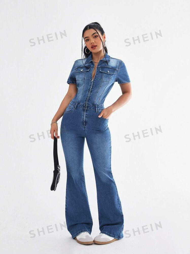 TrendsSHEIN EZwear Women's Front Zipper Short Sleeve Pocket Casual Denim Jumpsuit | SHEIN