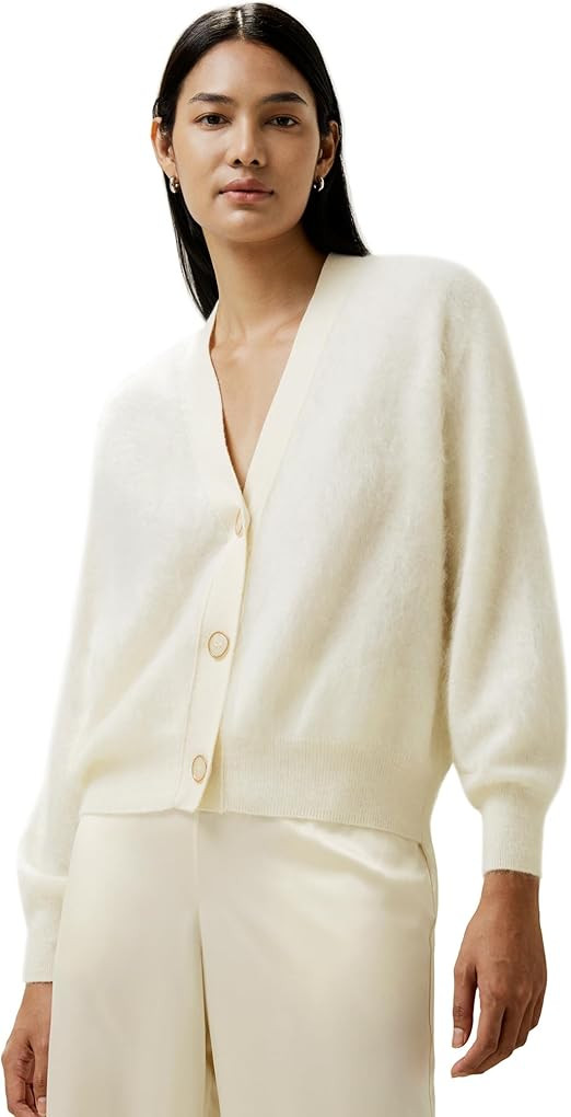 LilySilk 100% Cashmere Cardigan Sweater for Women Drop-Shoulder Pearl Button V Neck Coat | Amazon (US)