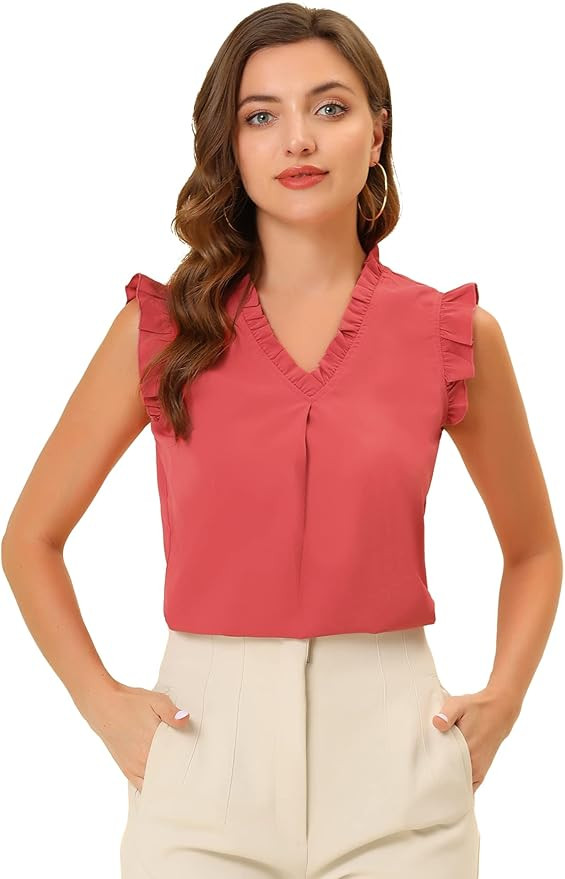 Allegra K Women's Ruffled Sleeveless Blouses 1950s Vintage Work Business Tops | Amazon (US)