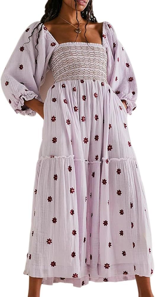 Yeenily Women Bohemian Floral Dress Lantern Sleeve Square Neck Flower Embroidered Maxi Dress Flow... | Amazon (CA)