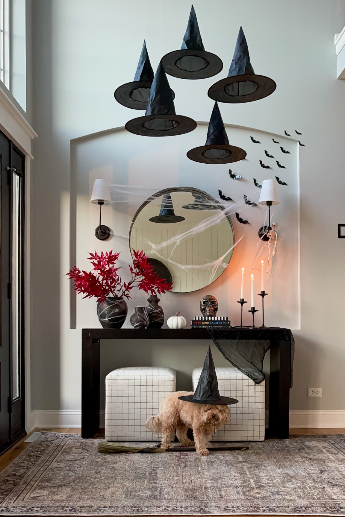 Halloween, home decor, console styling, Loloi rugs, transitional design, waterfall table, Wayfair, Target, Studio McGee, Amazon, wall sconces, maple stems, Golden Doodle, spooky decor, Halloween decorations 

#LTKHalloween #LTKhome #LTKHoliday