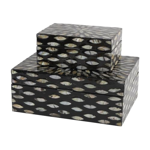 Deco 79 Mother of Pearl Shell Decorative Box Geometric Floral Decorative Keepsake Boxes with Beige Accents, Set of 2 Storage Boxes 12", 8"W, Black | Amazon (US)